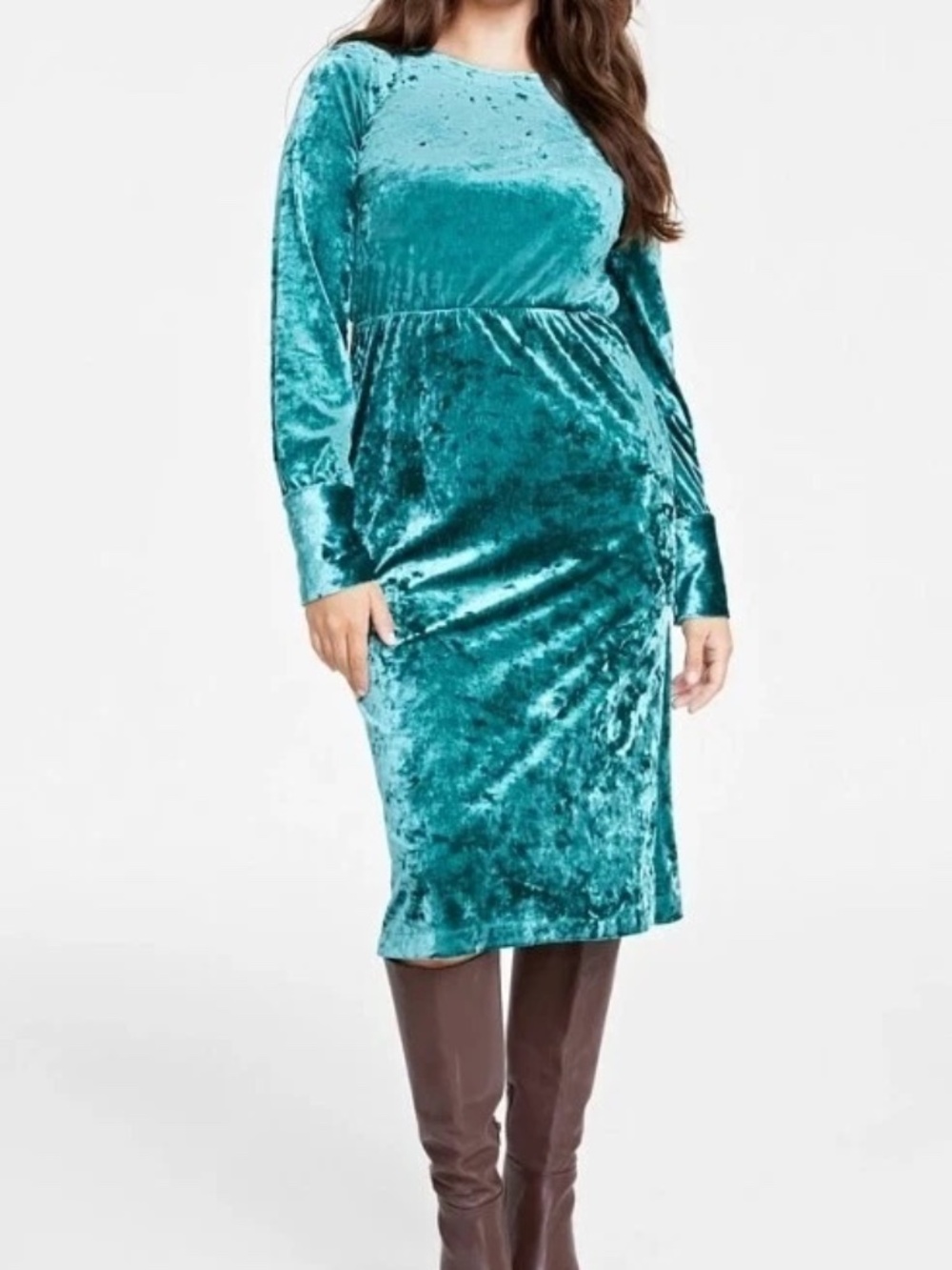 On 34th Long Sleeve Crushed Velvet A-Line Midi Dress Empire Waist Green 2X